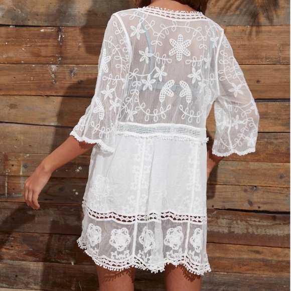Boho Lace Plunging Cover Up White - Picture 5 of 7